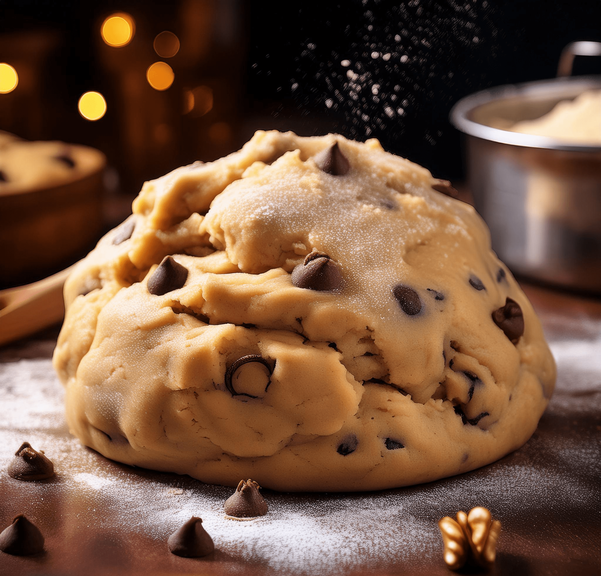 A close-up shot of creamy, smooth cookie dough mixed with rich chocolate chips, ready for baking, with a rustic wooden background that highlights its irresistible texture and ingredients. cookie dough recipe