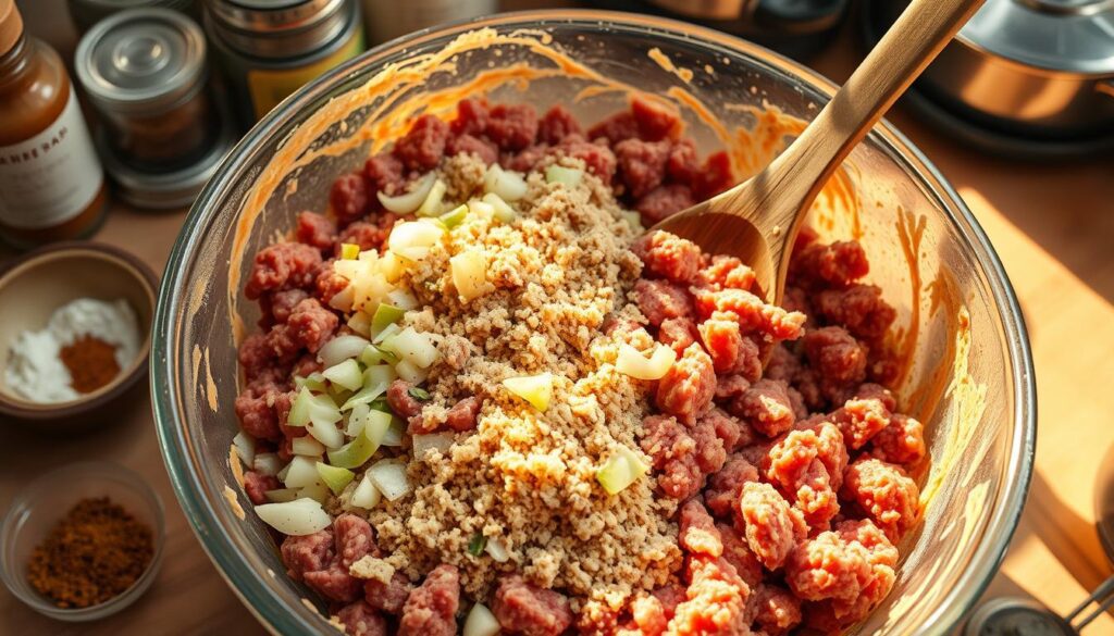 Mixing meatloaf ingredients